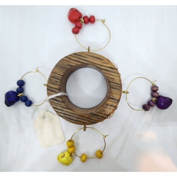 Colorful Skull-Themed Wine Glass Charms Set - 4 Unique Charms With Beads & Wood - Picture 1 of 13